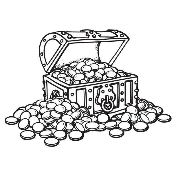 Old chest with coins. Piles of coins around. Black and white cartoon style hand drawn vector illustration. - Vecteur, image