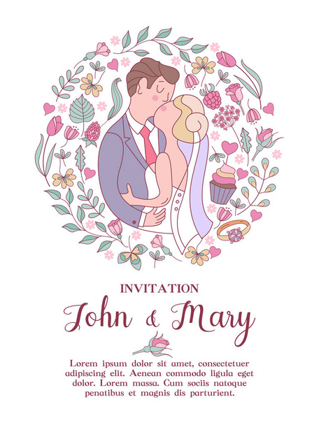 Wedding invitation. Beautiful wedding card with kissing bride and groom surrounded by beautiful wedding flowers. Vector illustration with space for text. - Vector, Image