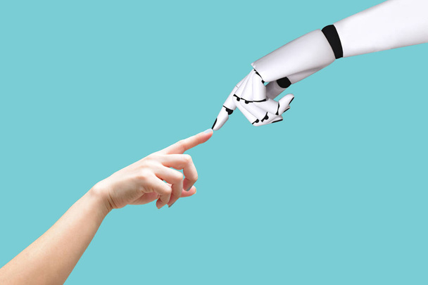 Mão humana e robô conceito de sistema de mão Integração e coordenação de tecnologia intelectual e vintage
 - Foto, Imagem