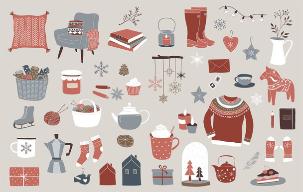 Северные, скандинавские зимние элементы и концепт-дизайн Hygge, Рождественская открытка, баннер, фон
 - Вектор,изображение