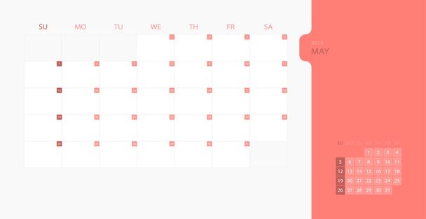 Calendar design template for 2019 Simple planner for May month, week starts on sunday. Design print template with place for logo company. Flat vector illustration EPS10. - Vettoriali, immagini