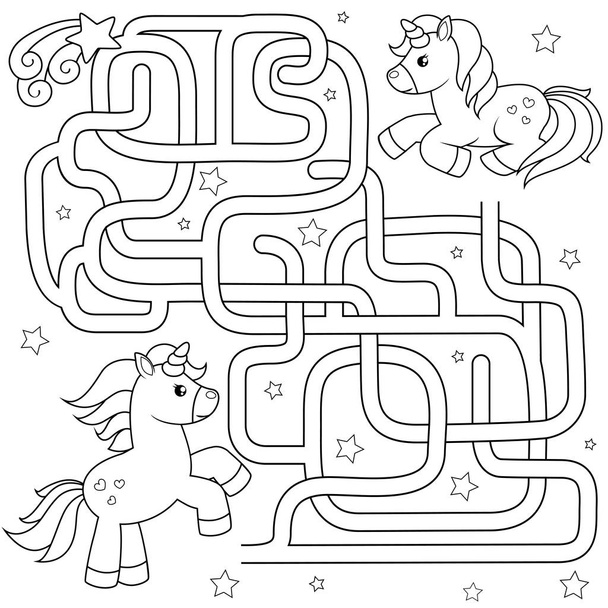 Help unicorn find path to friend. Labyrinth. Maze game for kids. Vector black and white illustration for coloring book - Vektör, Görsel