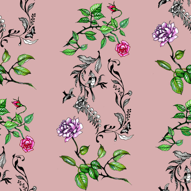 Watercolor pink and purple roses and leaves seamless pattern - Foto, afbeelding