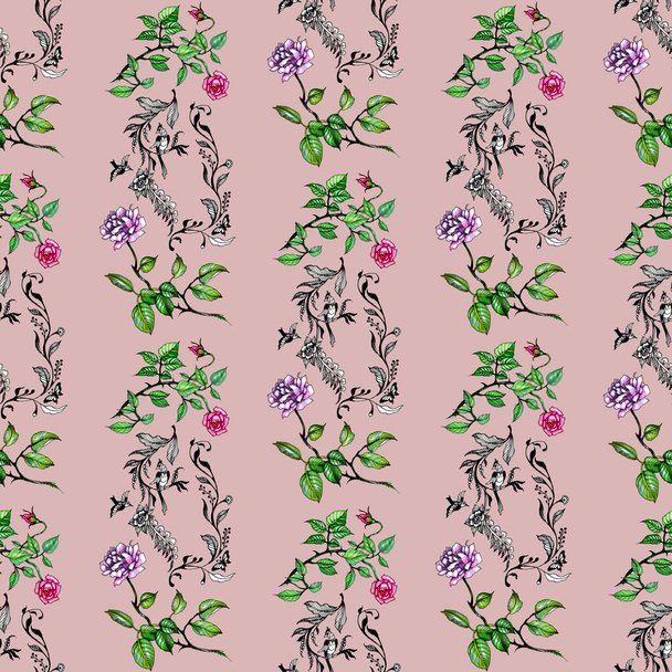 Watercolor pink and purple roses and leaves seamless pattern - 写真・画像