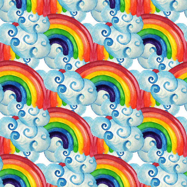 Seamless pattern with watercolor colorful  images of rainbow and clouds on whie background. Good design for kid theme, wrapping paper, wallpaper, textile, backdrop. - Photo, image