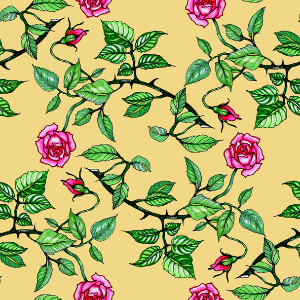 yellow roses and leaves pattern - Фото, изображение