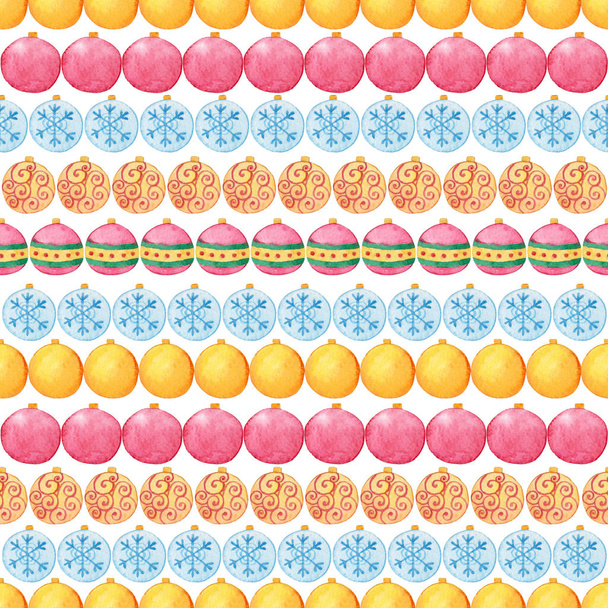 New Year seamless pattern with Christmas balls. Winter watercolor background. Design element for textile, wrapping, scrapbooking or wallpaper. - 写真・画像