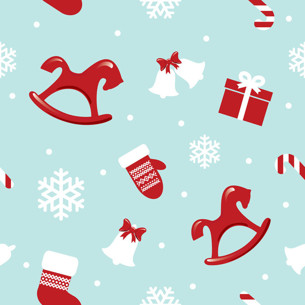 Christmas and New Year seamless pattern with red horses, mittens and snowflakes. - Vektori, kuva