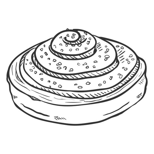 Vector Black Sketch Illustration - Round Cinnamon Bun with Sugar Crumb - Vector, Image