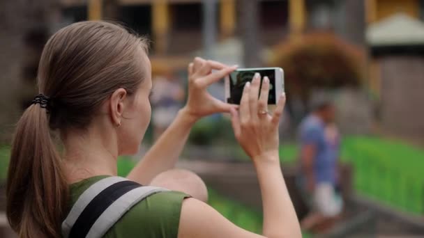 Ένα κορίτσι με ένα παιδί σε μια εκδρομή παίρνει τις εικόνες σε ένα κινητό τηλέφωνο, πιέζει τα δάχτυλα στην οθόνη ενός smartphone - Πλάνα, βίντεο
