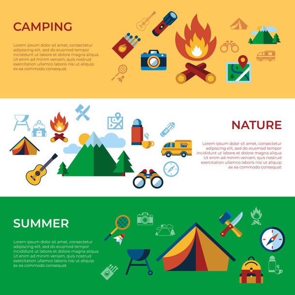 Dijital vektör yaz kamp seyahat ve spor faaliyetleri basit simgeler koleksiyonu düz stil infographics ayarla - Vektör, Görsel