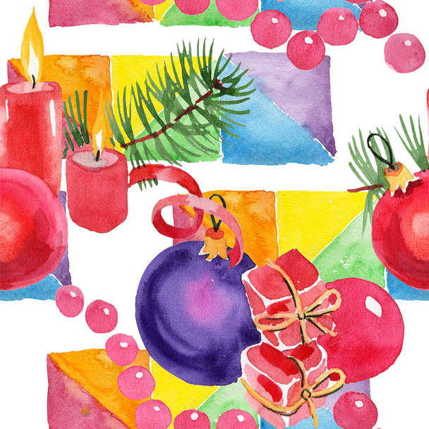Christmas winter holiday candles and Christmas toys in a watercolor style isolated. Seamless background pattern. - 写真・画像