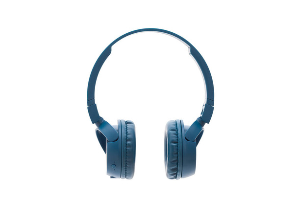 bluetooth fone de ouvido azul no fundo branco isolado estúdio pacote tiro equipamentos
 - Foto, Imagem