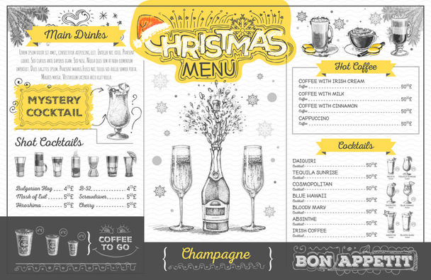 Vintage wakacje świąteczne menu projekt z szampanem. Menu restauracji - Wektor, obraz