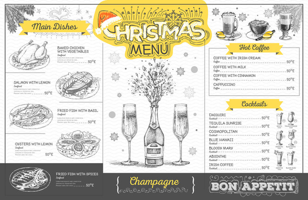 Vintage holiday christmas menu design with champagne. Restaurant menu - Vector, Image
