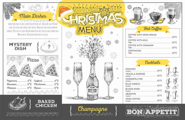 Vintage vakantie Kerstmenu ontwerpen met champagne. Restaurant menu - Vector, afbeelding