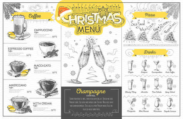 Vintage holiday christmas menu design with champagne. Restaurant menu - Vector, Image
