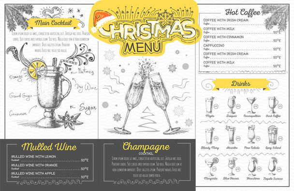 Vintage wakacje świąteczne menu projekt z szampanem. Menu restauracji - Wektor, obraz
