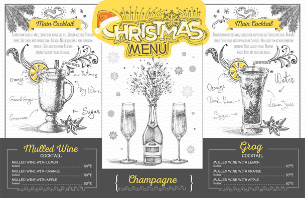 Diseño de menú navideño vintage con champán. Menú restaurante
 - Vector, imagen