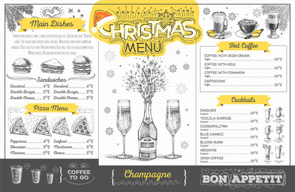Diseño de menú navideño vintage con champán. Menú restaurante
 - Vector, imagen