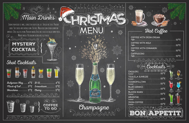 ヴィンテージ チョーク図面のクリスマス メニューは、champange をデザインします。レストランのメニュー - ベクター画像