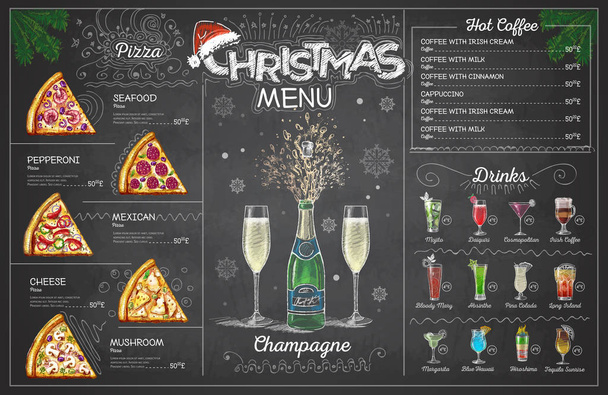 Vintage tebeşir çizim Noel menüsü ile champange tasarlayın. Restoran menü - Vektör, Görsel