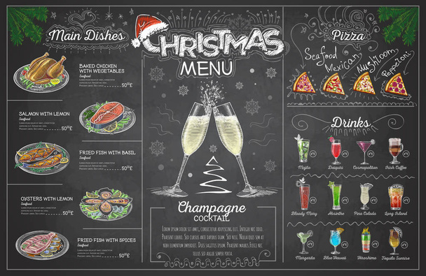 Tiza vintage dibujo diseño de menú de Navidad con champange. Menú restaurante
 - Vector, Imagen
