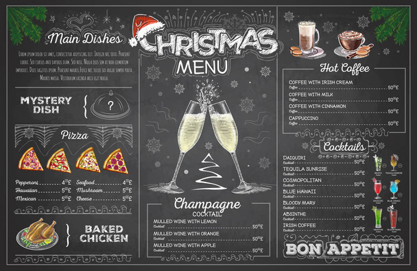 Tiza vintage dibujo diseño de menú de Navidad con champange. Menú restaurante
 - Vector, imagen