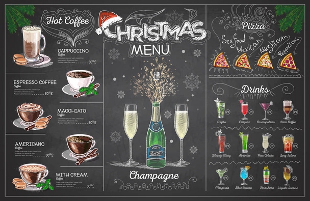 Винтажный мелом рисование рождественское меню дизайн с шампанским. Меню ресторана
 - Вектор,изображение