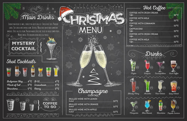 Vintage krijt tekening Kerstmenu ontwerp met champange. Restaurant menu - Vector, afbeelding