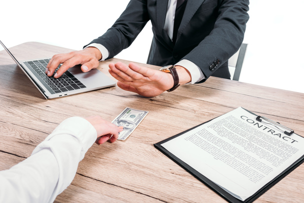 cropped image of businessman rejecting bribe from colleague in office isolated on white - Photo, Image