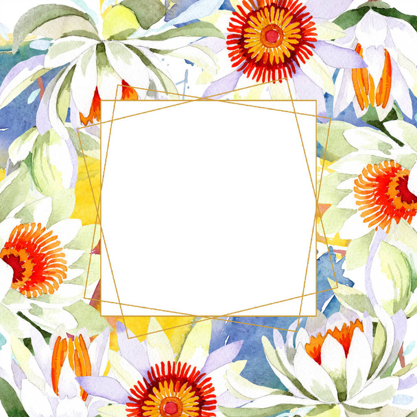 Watercolor white lotus flower. Floral botanical flower. Frame border ornament square. - Foto, afbeelding