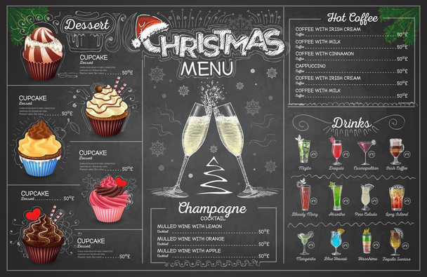 Tiza vintage dibujo diseño de menú de Navidad con champange. Menú restaurante
 - Vector, Imagen