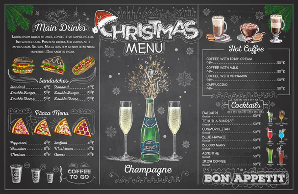 Vintage chalk drawing christmas menu design with champange. Restaurant menu - Vector, Image
