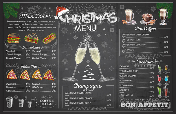 Vintage chalk drawing christmas menu design with champange. Restaurant menu - Vector, Image