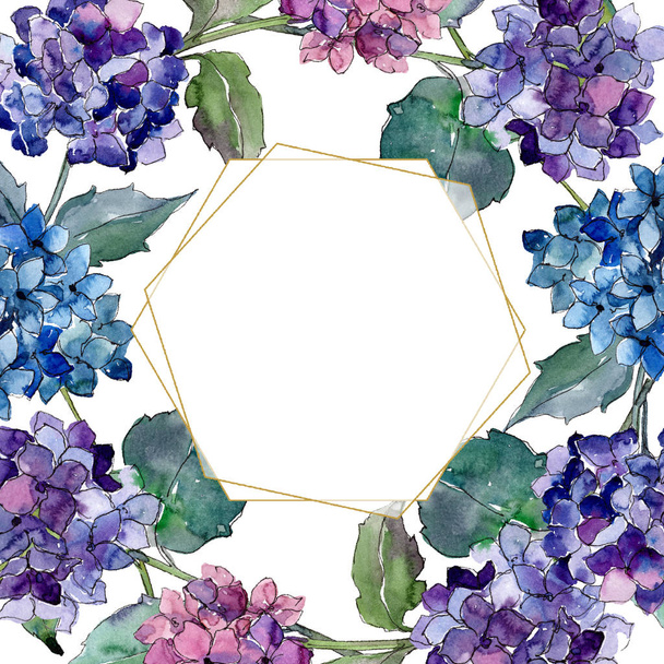 Watercolor purple gortenzia flower. Floral botanical flower. Frame border ornament square. - Photo, Image