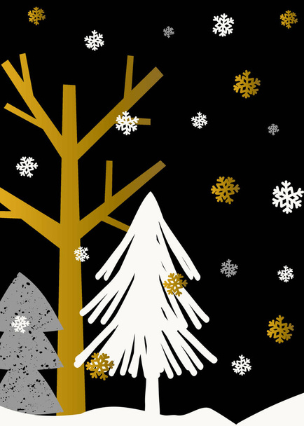 Χριστουγεννιάτικη διακόσμηση με δέντρα και νιφάδες χιονιού σε λευκό, γκρι και χρυσό σε μαύρο φόντο - Διάνυσμα, εικόνα