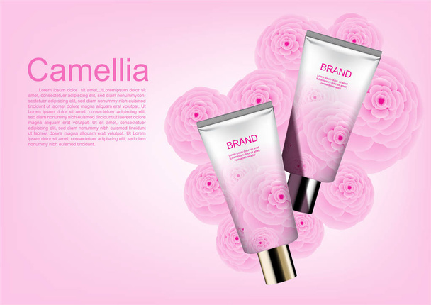 Καλλυντικά διαφημίσεις πρότυπο, ροζ Καμέλια λοσιόν και ενυδατική κρέμα - Διάνυσμα, εικόνα