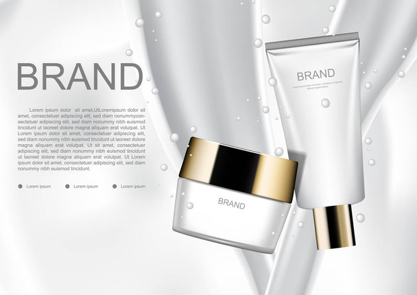 Modelo de anúncios cosméticos, produtos cosméticos com derramamento de leite no fundo do leite
 - Vetor, Imagem