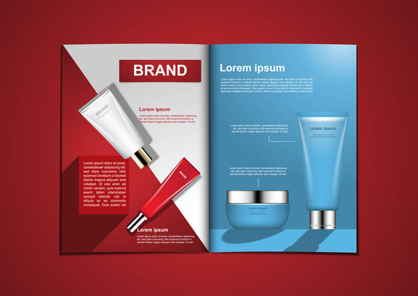 Καλλυντικά προϊόντα σε λευκό, κόκκινο και μπλε φόντο, περιοδικό - Διάνυσμα, εικόνα