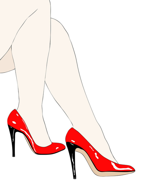 Une femme en bas en nylon et des chaussures à talons hauts rouges en fond blanc
 - Photo, image