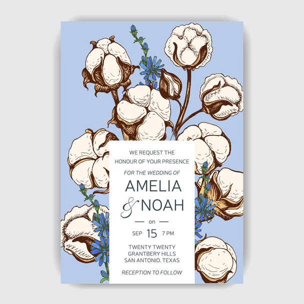 Template for wedding invitation. Card vector illustration with cotton. - Vektor, kép