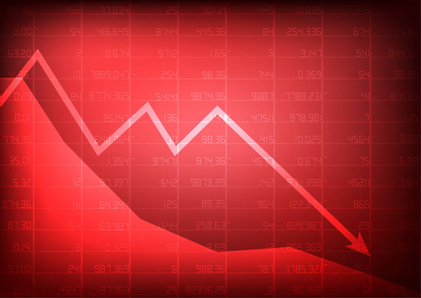 Vektor: Roter Aktienmarkt mit abnehmendem Pfeil auf rotem Hintergrund - Vektor, Bild