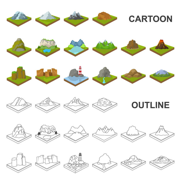 Mountains, massive cartoon icons in set collection for design. The surface of the earth vector isometric symbol stock web illustration. - Vecteur, image