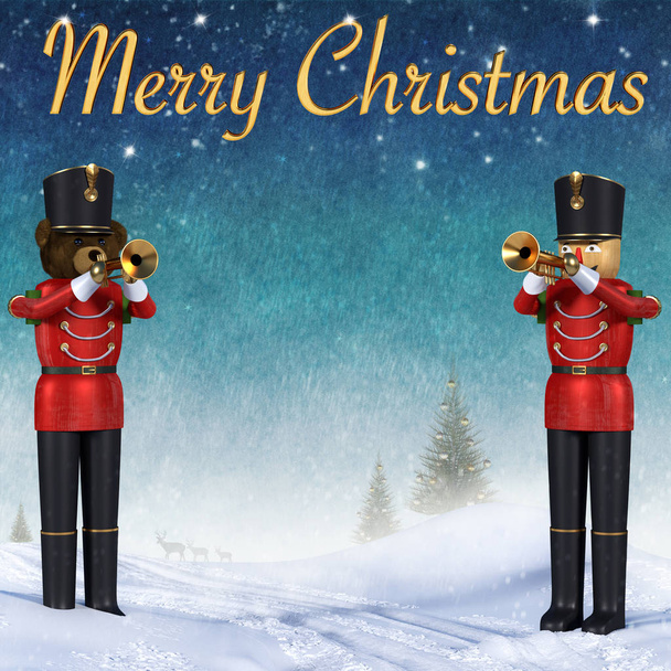 トランペットを再生 2 つのグッズ兵士の 3 d イラストレーションを閉じます。テディベア ・兵士と木製の兵士立っている雪のクリスマスを発表します。装飾的な松の木、背景に金色のメリー クリスマス テキスト 3 d のトナカイ.  - 写真・画像