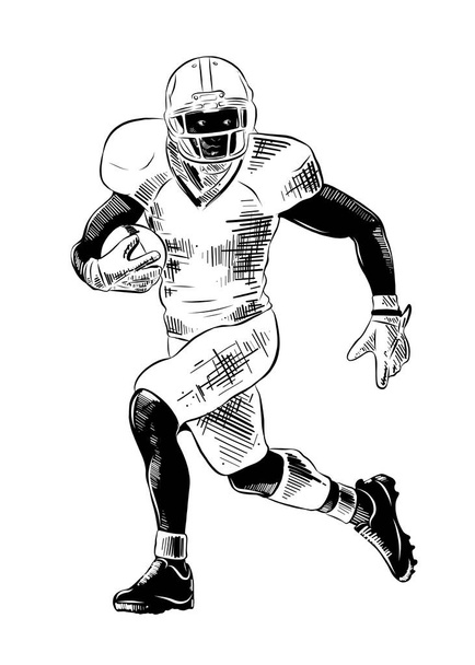 Vector engraved style illustration for posters, decoration and print. Hand drawn sketch of american football player in black isolated on white background. Detailed vintage etching style drawing. - Vector, Image