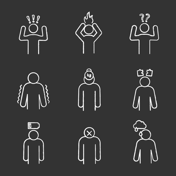 Emotional stress chalk icons set. Anxiety, frustration, confusion, trembling, burden, thinking, exhaustion, apathy, sadness. Isolated vector chalkboard illustrations - Vector, Image