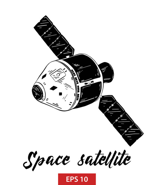 Vector gravada ilustração estilo para cartazes, decoração e impressão. Desenho manual de satélite espacial em preto isolado sobre fundo branco. Desenho de estilo vintage gravura detalhada
. - Vetor, Imagem