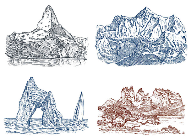 Szczyty gór, vintage Everest i matterhorn, szukam ręcznie rysowane, szkic lub grawerowane stylu, różne wersje dla pieszych wędrówek, wspinaczki. Krajobraz Natura. Dolina z zielenią. - Wektor, obraz