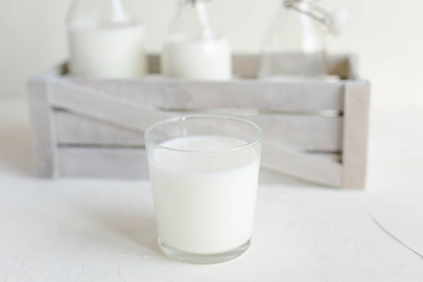 Fresh milk in bottles and glass on white concrete background. Healthy food, kitchen. - Foto, afbeelding